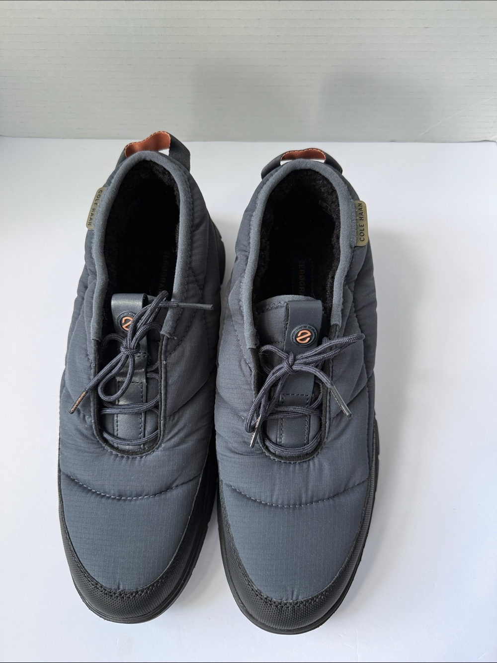 Cole Haan Quilted Slip-On Sneakers in Charcoal Gray with Brown Pull Tabs #613